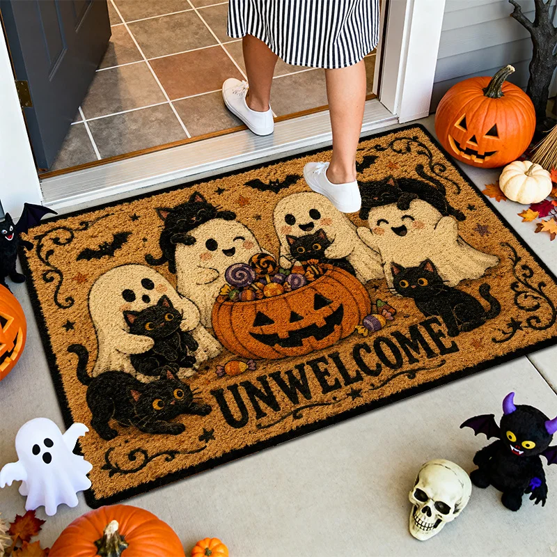 Halloween Doormat Flannel Non Slip Front Door Mat Multiple Pattern Pumpkin Ghost Black Cat Decor Rug Indoor Outdoor Entrance