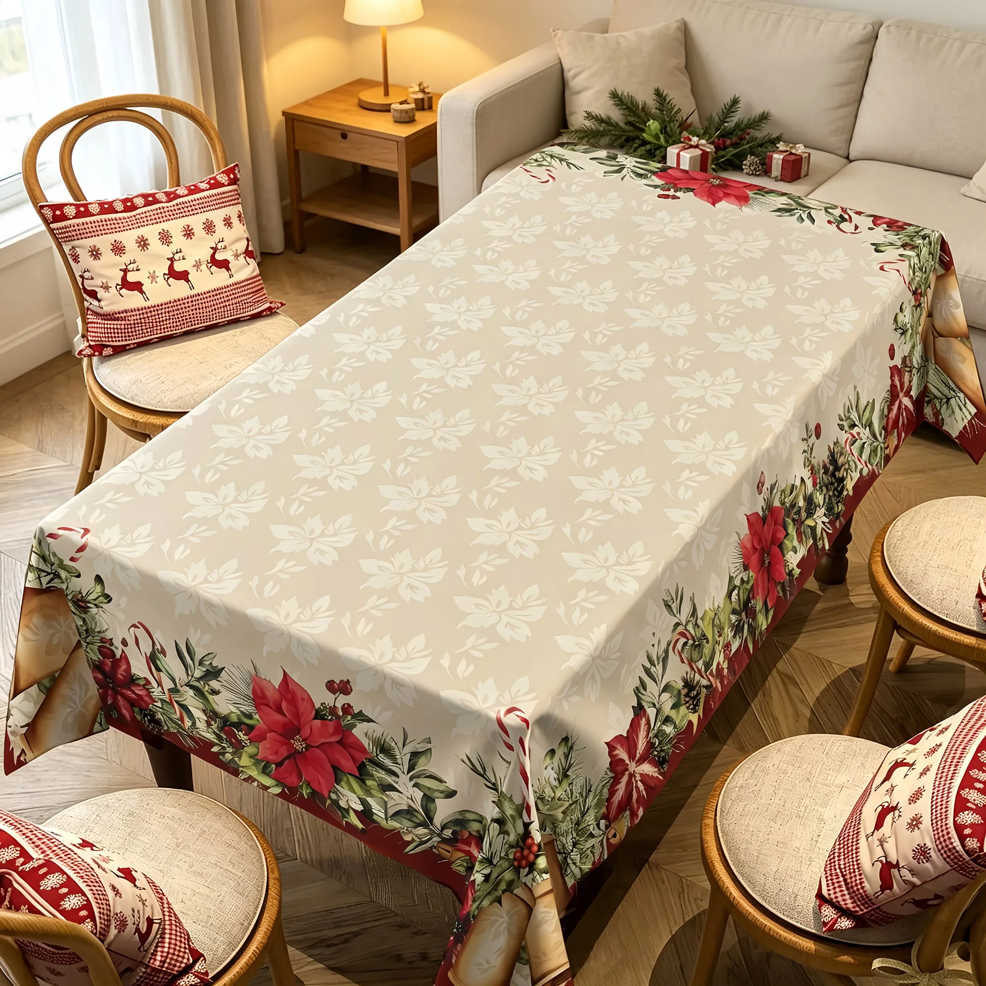 Christmas Rectangle Tablecloth Poinsettia Design Tablecloth For Family Gathering And Dinner Christmas Party Table Decor