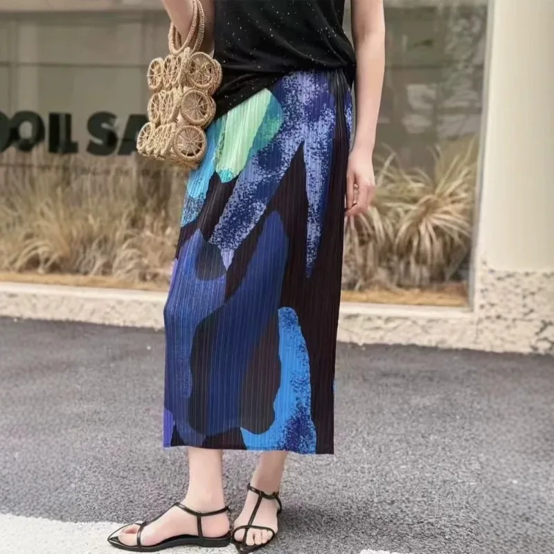 Miyake Pleated Printed Skirt Plisse 2026 Summer New Side Slits Unique Printed Fold Jupe Casual Elegant Versatile A-line Skirt