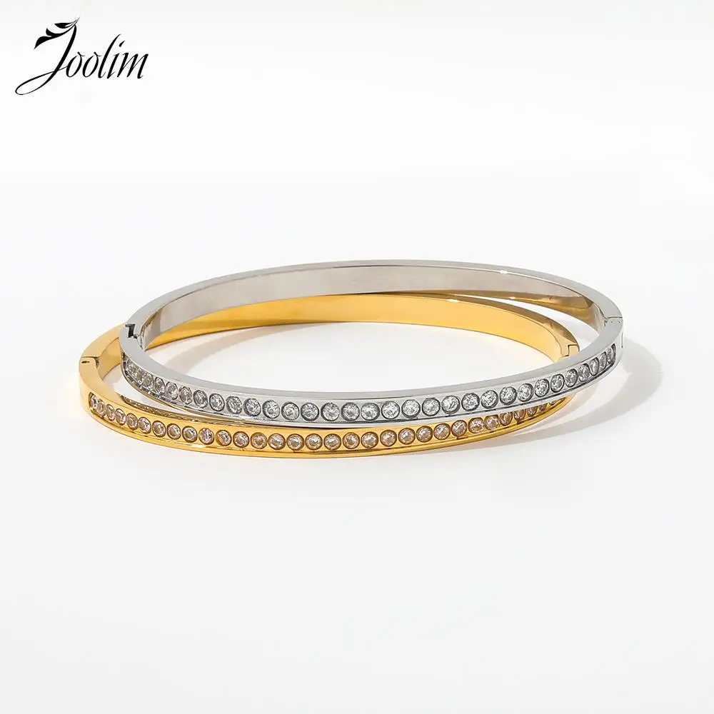 

Joolim Jewelry Wholesale High End PVD Waterproof&No Fade Luxury Round Zirconia Bangle Stainless Steel Bracelet for Women