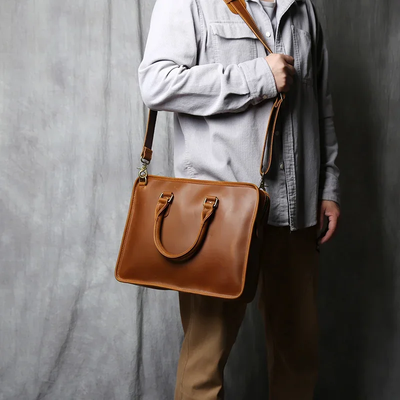 Retro Genuine Leather Men's Computer Bag  Crazy Horse Leather  Commuting Bag Top Layer Cowhide Single Shoulder Crossbody Bag