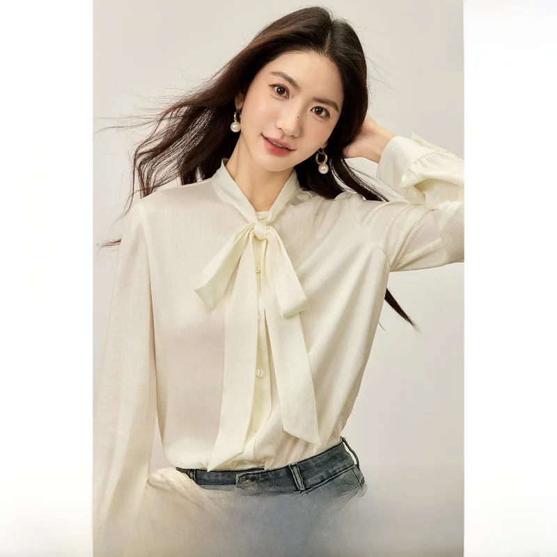 

Elegant Commuter Women's Shirt 2026 Year Sash Design Single Button Satin Texture Long Sleeve Elegance Chiffon Top