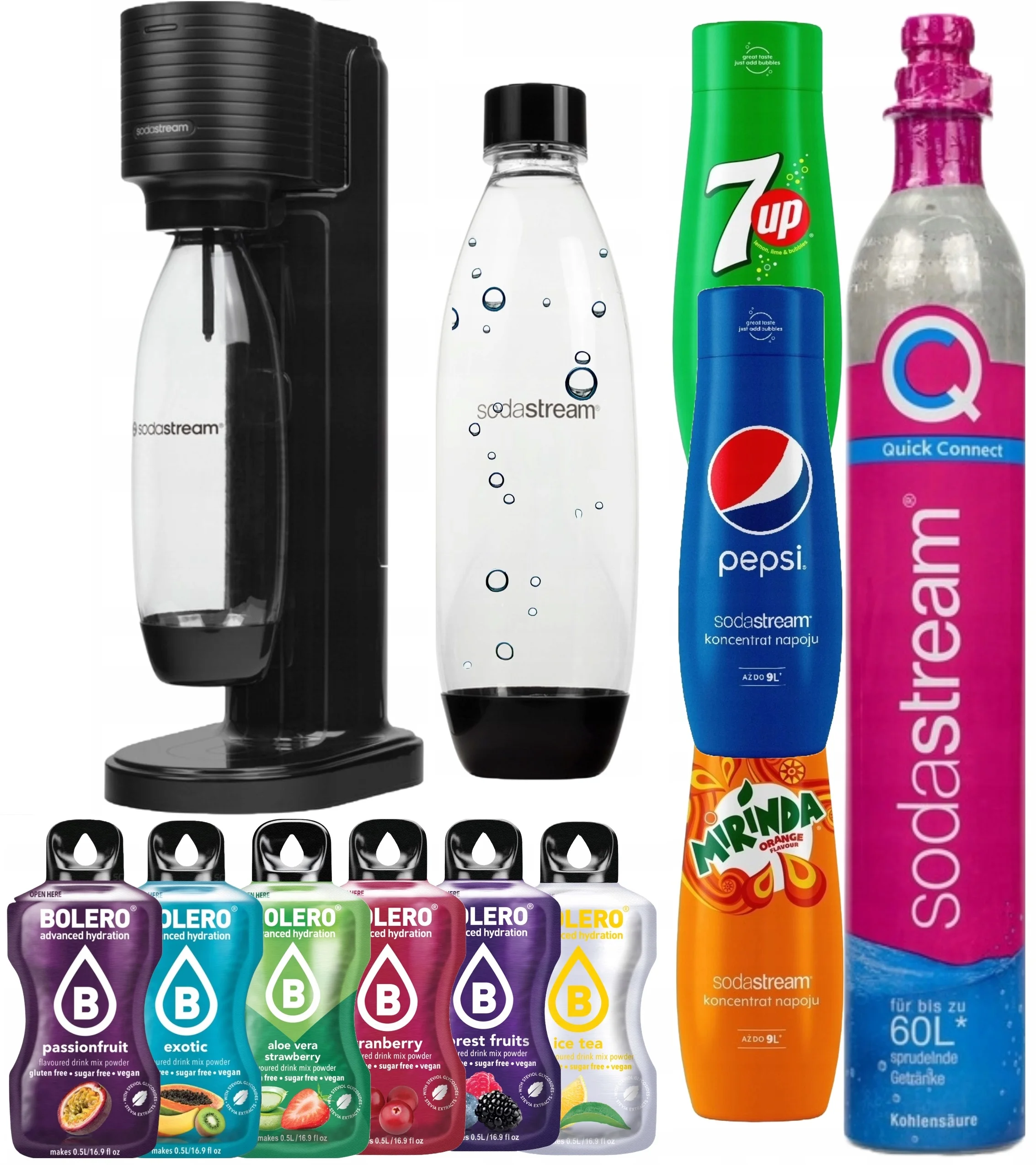 SodaStream Terra Zestaw (Saturator, Butelka Fusee) + Syropy SodaStream Pepsi Mirinda 7up + Saszetki Bolero