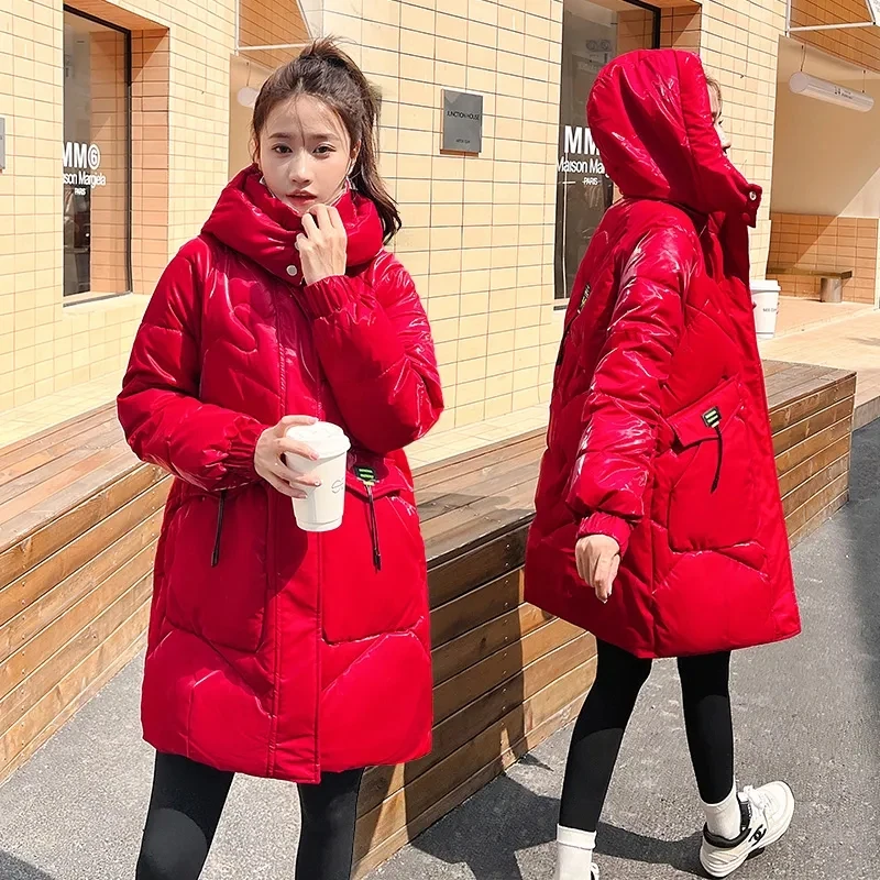 Wash-Free Brightening Down Cotton-Padded Jacket Women Overcoat Korean Length Loose Hooded Thick Warm Parker Coat 2023 Winter New