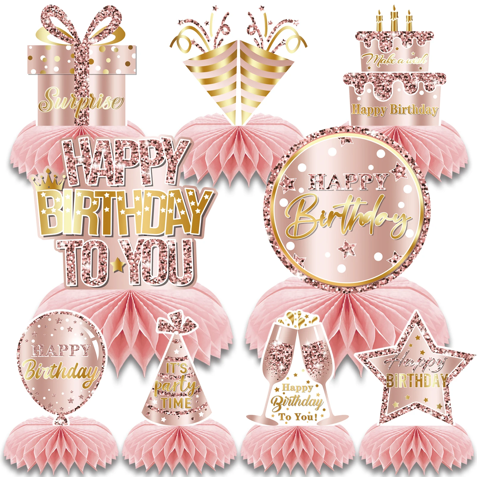 9 Uds. De centros de mesa de panal de cumpleaños de oro rosa 3D, decoraciones para niñas y mujeres, decoraciones de cumpleaños, suministros para fiesta de cumpleaños