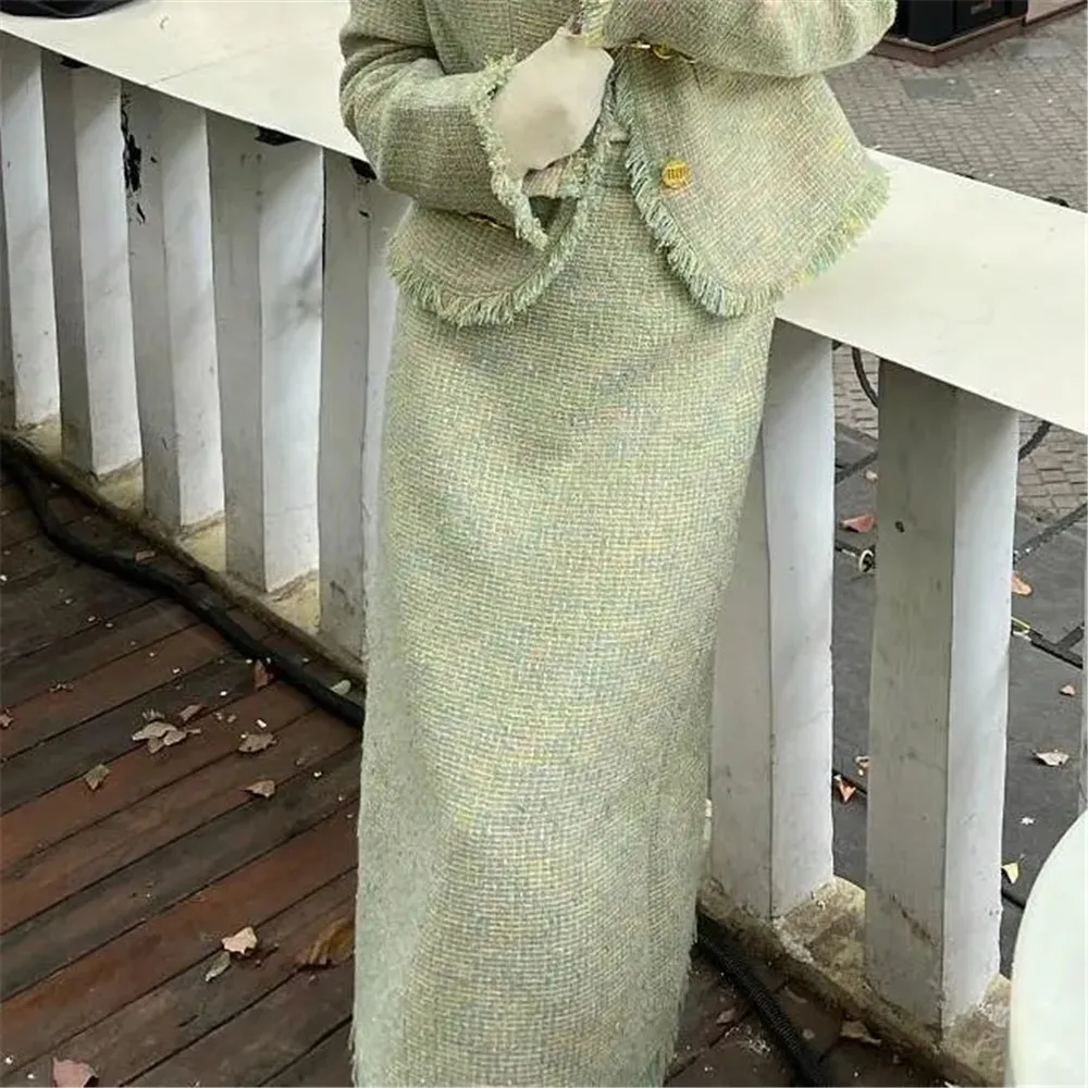 Temperament eleganckie zielone zestawy w stylu Retro frędzel tweedowa krótka kurtka kardigan z długim rękawem + rozcięty długa spódnica dwuczęściowy