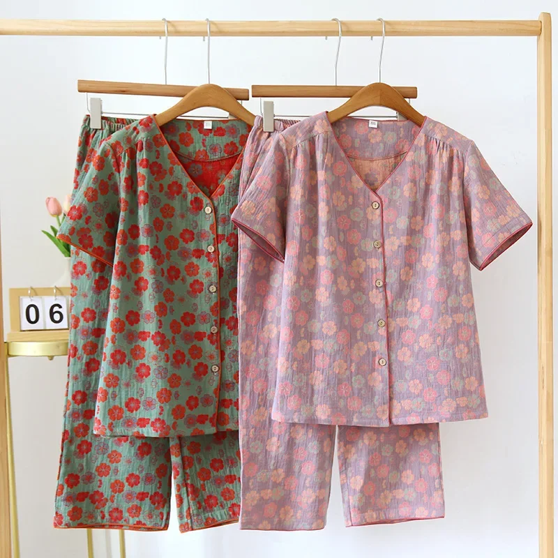 

Pure Cotton Women Pajama Sets Night Wears Sleepwear Short Sleeve Loungewear Floral Print New Ins Female Underwear Home Clothes