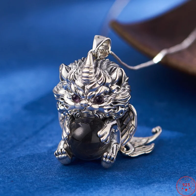 

S925 Sterling Silver Pendant for Women Men Retro Wealth Mascot Pixiu Inlaid Rock Crystal Balls Charm Fashion Jewelry Wholesale