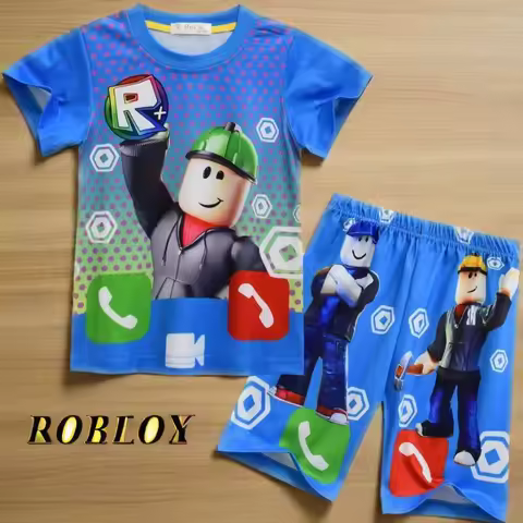 Roblox Game Cartoon Print T-Shirt And Shorts Set for Kids - Summer Home Wear Student Outfit Children's Birthday Gift Idea