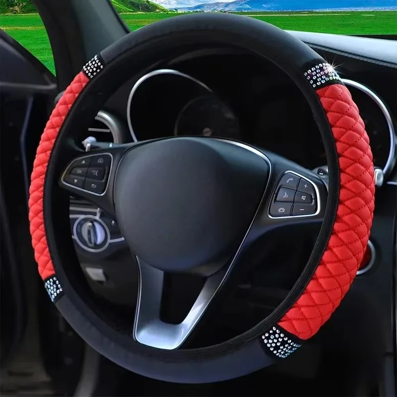 Universal Car Steering Wheel Cover 37-38cm Leather Embroidered Color Diamond-Studded Elastic Four Seasons Steering Wheel Cover
