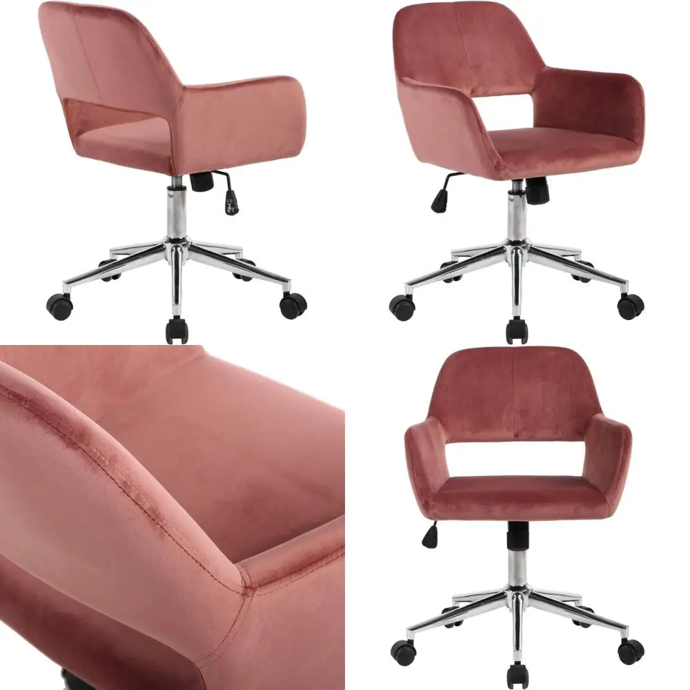 

Mid-Century Swivel Office Chair with Adjustable Height, Velvet Seat, 360-Degree Rotation, Castor Wheels, Rose