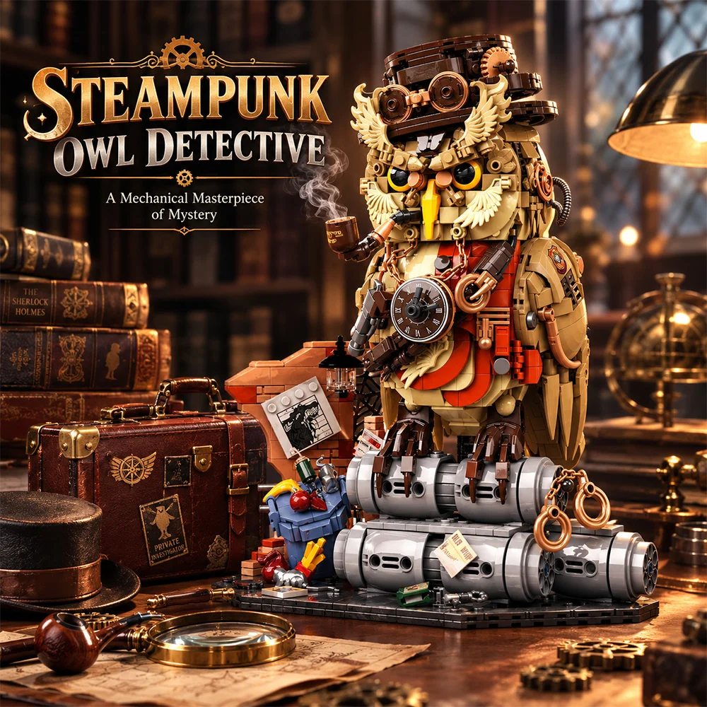 Steampunk Owl Model Building Blocks Set, 1286 PCS Small Particle Bricks, High Quality ABS Plastic DIY Assembly Constructor, Exquisite Detective Style Ornament, Creative Desktop Display Decor, Perfect Holiday Birthday Gift for Adults and Teenagers
