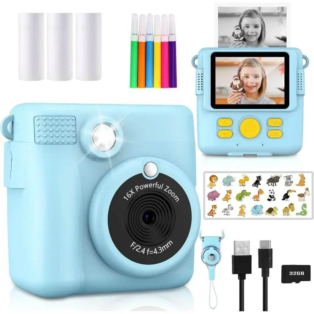 Cámara de impresión instantánea para niños, cámara portátil de 1080P para niños con 32GB de Tarjeta 3 y rollos de papel fotográfico, regalo perfecto