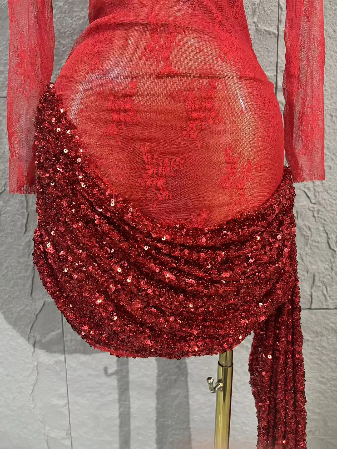 2026 New Arrival Women's Red Lace Mesh Bodycon Mini Dress, Glitter Sequins Draped Skirt with Long Tail, Birthday and Night Out
