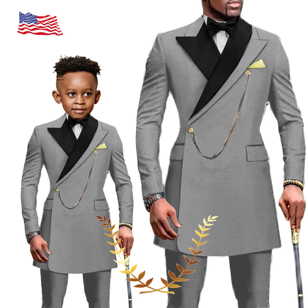 African Style Men\'s Suit 2 Piece Patch Collar Blazer Wedding Tuxedo Formal Father Child Party Clothes Customized Color