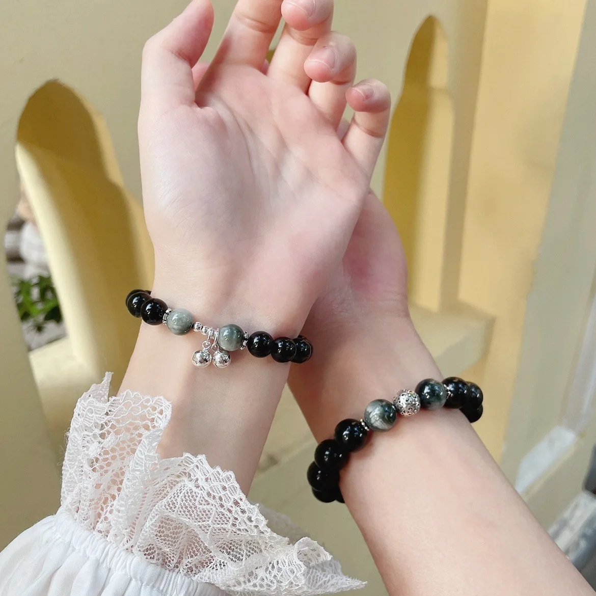 Heart Chime Bell Obsidian Bracelets Couple Pair Unique Design Bracelets for Boyfriend Girlfriend Valentines Day Gifts