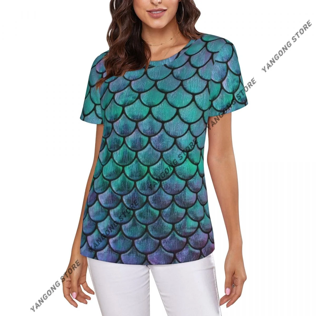 

Women Short Sleeve Top Mermaid Teal Fish Scale T-shirt Fashion Summer Female Tops Loose Round Neck T Shirt