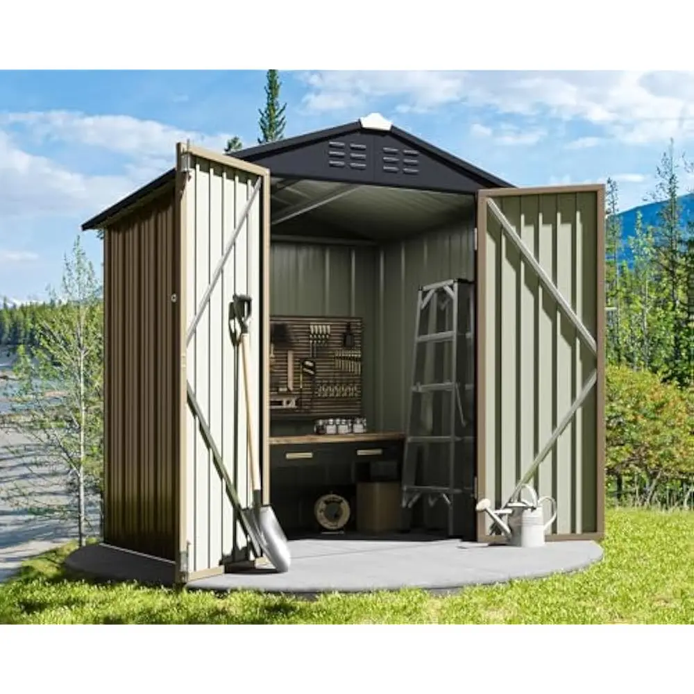 

6 X 4 Ft Outdoor Storage Shed, Utility Tool Shed Metal Storage Garden Shed with Door & Lock for Patio Storage, Brown