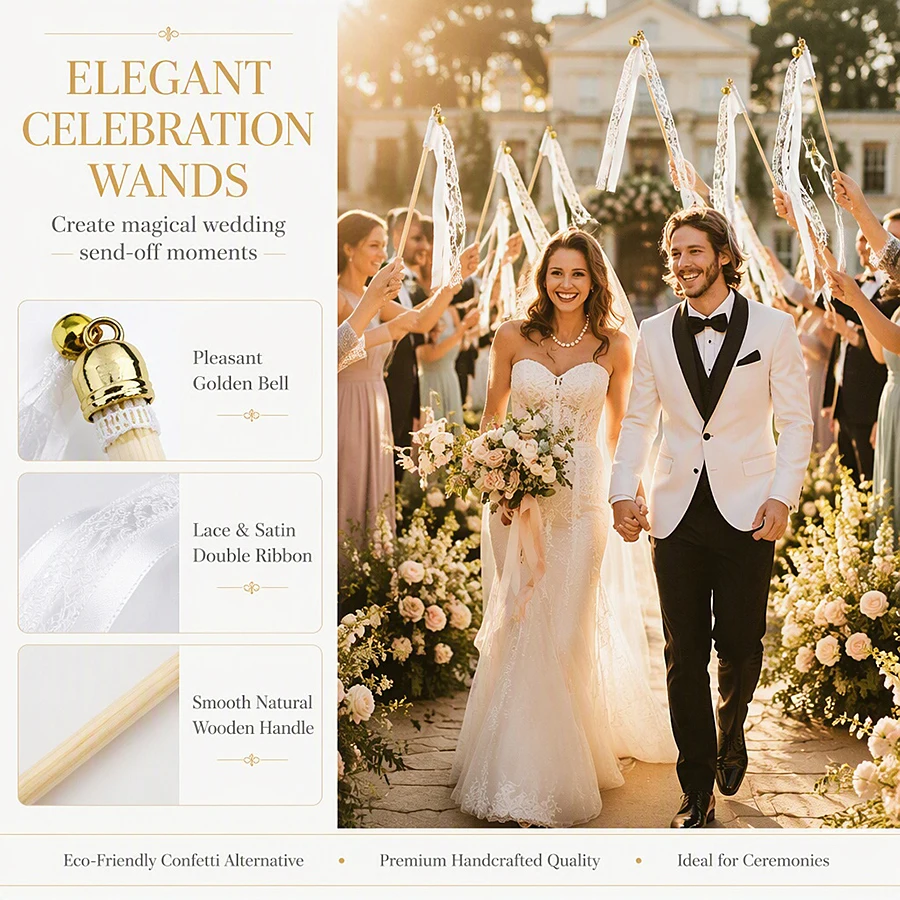 5/10/20pcs White Ribbon Wands Fairy Sticks Wedding Twirling Lace Streamers With Golden Silver Bell Party Cheering Prop Favors