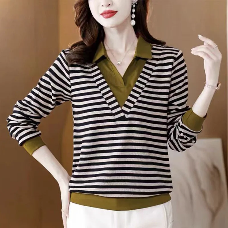 Fashion Lapel Striped Fake Two Pieces Blouse Women\'s Clothing 2023 Autumn New Casual Pullovers Tops Loose Commute Shirt