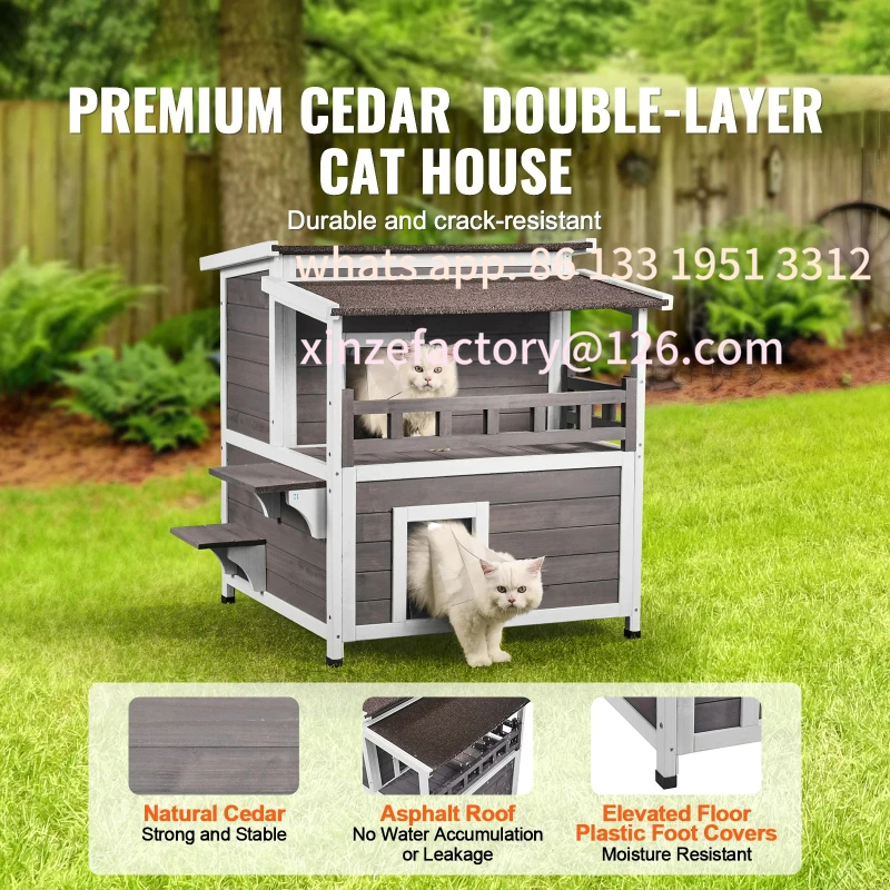 

Customizable Outdoor Cat House Weatherproof Feral Cat Shelter 2-story Large Outdoor Wooden Cat House with Balcony Door