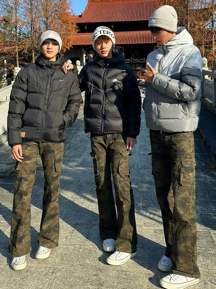 

Американские ретро-брюки-карго с камуфляжным принтом для мужчин, зимние, в стиле High Street, прямые, слегка расклешенные джинсы, повседневные прямые брюки