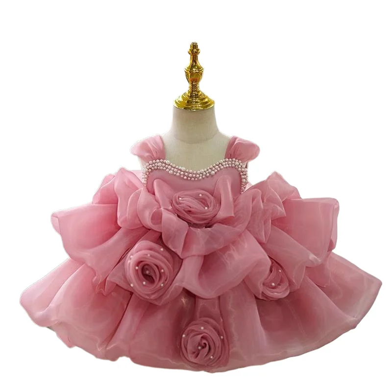 2024 Blume flauschiges Kleid ärmellose Perle Prinzessin Kleider niedliche Tauf kleidung für Mädchen Baby Feier Kinder kleidung