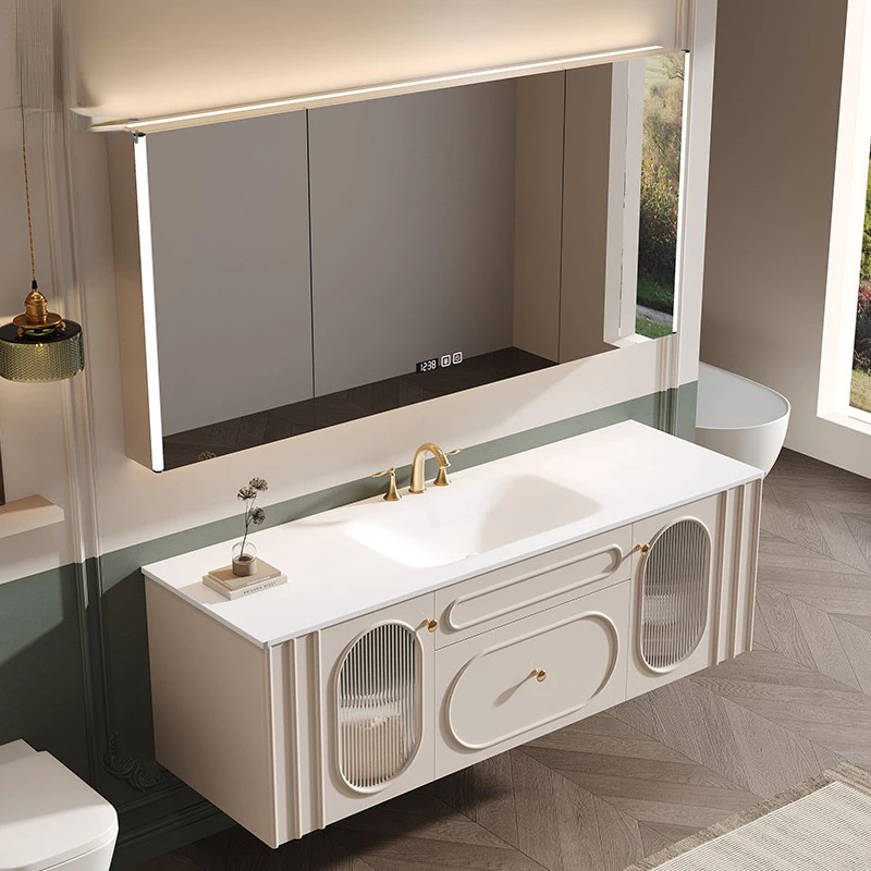 

French Bathroom Vanity Cabinets with Smart Mirror Cabinet Rock Board Integrated Washbasin Toilet Sink Cabinet Bathroom Furniture