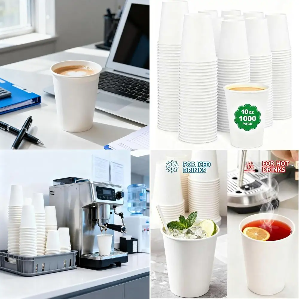 

1000-Count 10oz Leak-Proof Disposable Paper Cups - Sturdy White Cups for Hot/Cold Drinks, Ideal for Home, Office, Parties, Cafes