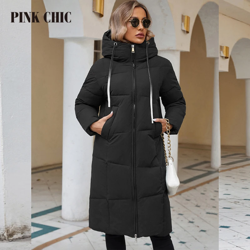 Rosa CHIC-Parka comprida com capuz com cadarço para mulheres, casaco quente, moda clássica, casual feminina, inverno, 2023, W8236