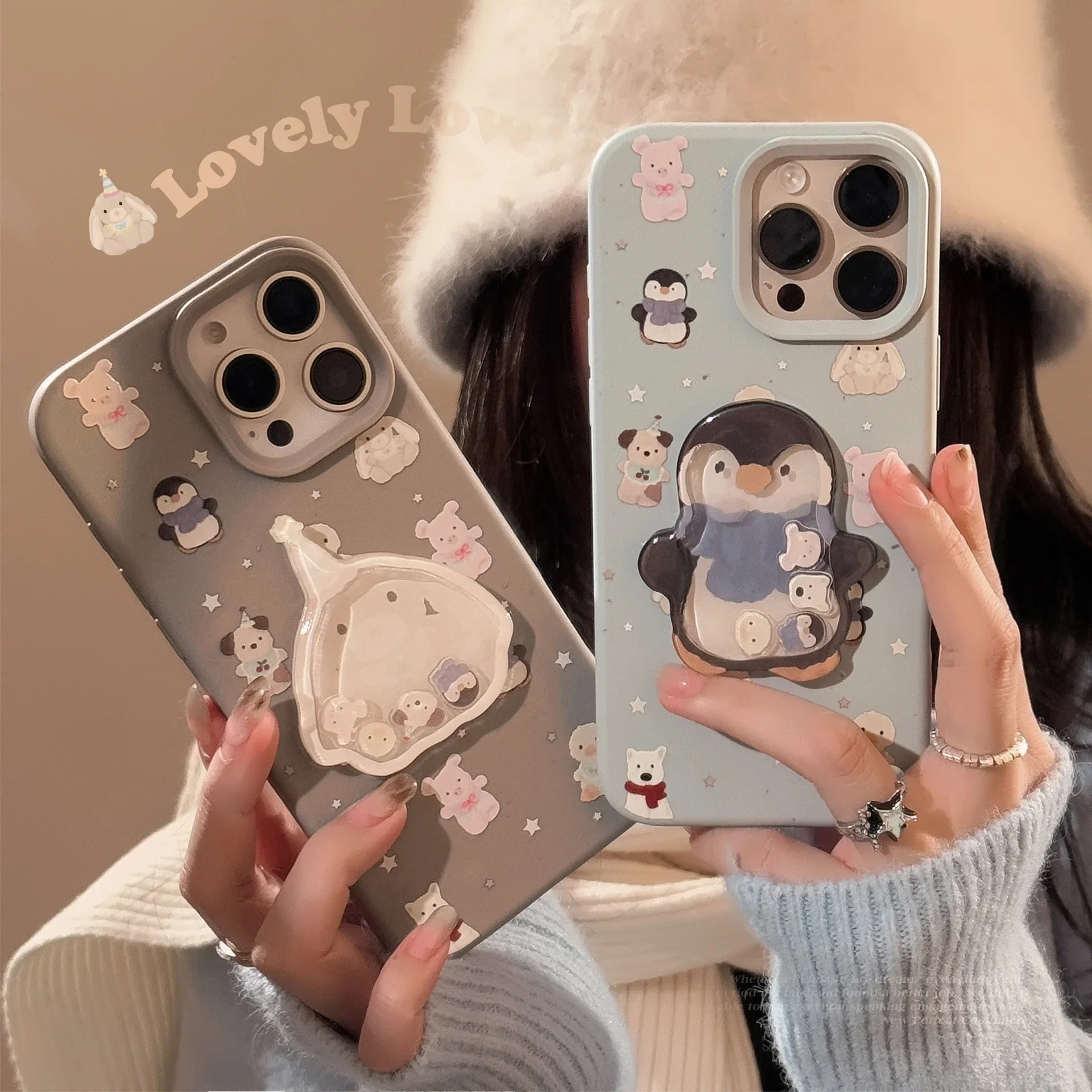 Winter Ice snow penguin rabbit Shake doll Phone case For iPhone 16 15 14 13 12 11 Pro Max 16 Plus Case Cute Luxury Cartoon Cover