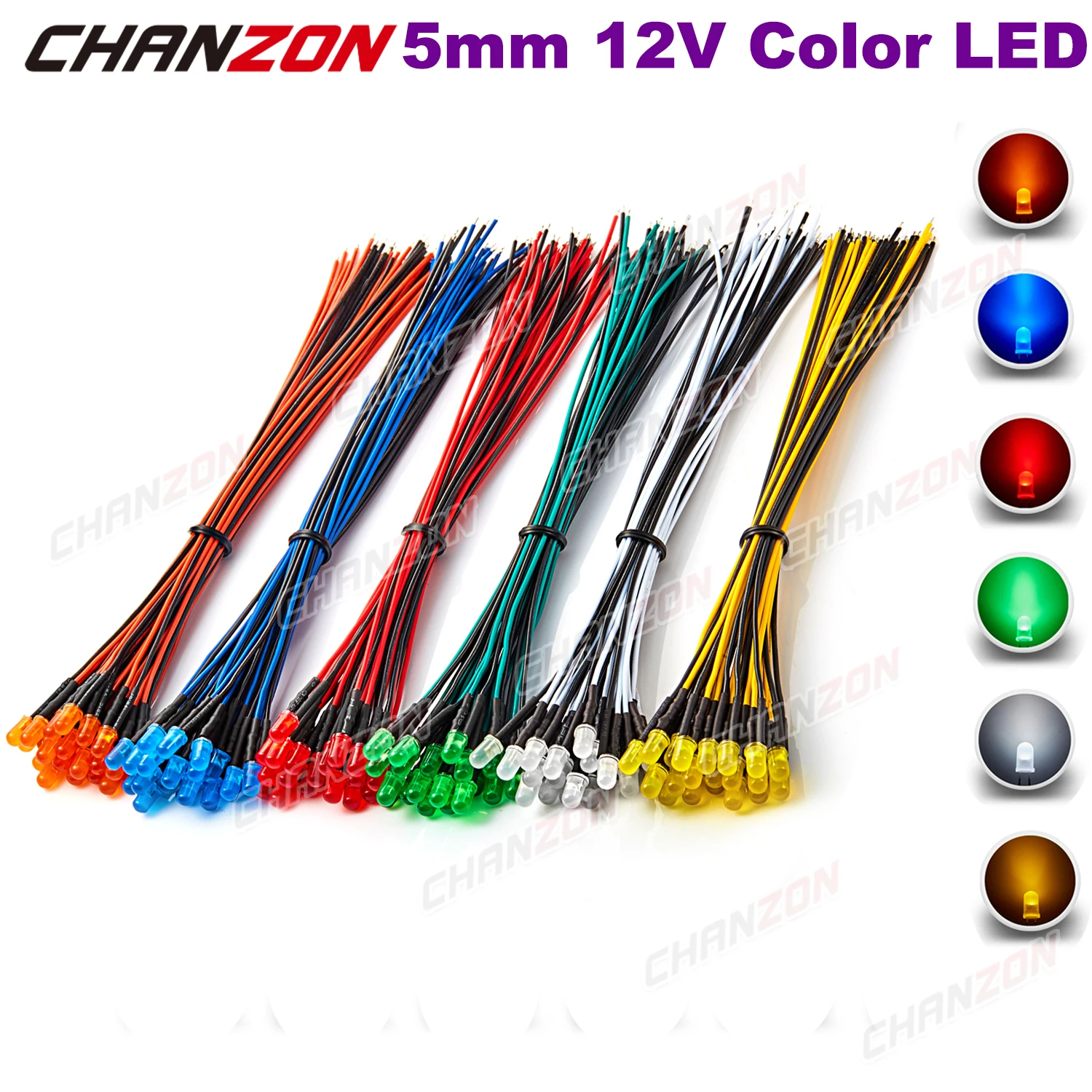 

120pcs 5mm 12V Prewired LED Diode Kit Light Beads White Red Green Blue Yellow Orange Diffused Wired Emitting Lamp Assortment Set