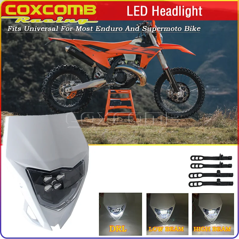 Motorcycle Dirt Bike Headlight High Low Beam White DRL Universal For XC-W Enduro TE250 Supermoto Transparent Lens Anti-Vibration