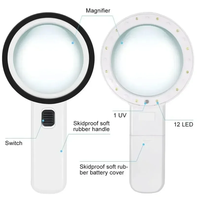 30X Handheld Magnifier 12 LED Illuminated Light with UV Light Portable Magnifying Loupe for Reading Jewelry Watch Repair