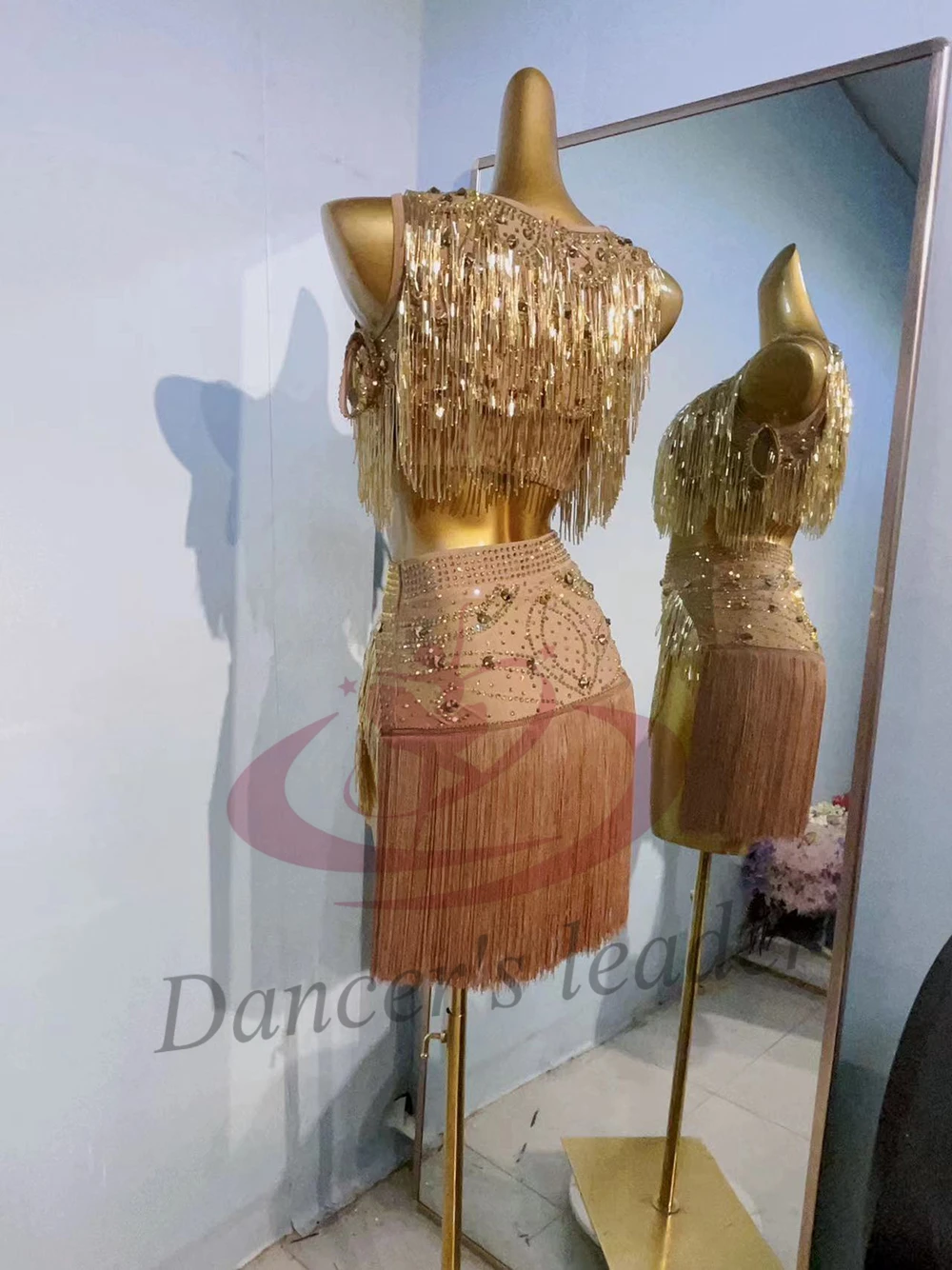 

Latin Dancer Adult Children High-End Customized Gold Bead Tube Tassel Dress Cha Cha Samba AB Stone Performance Dress