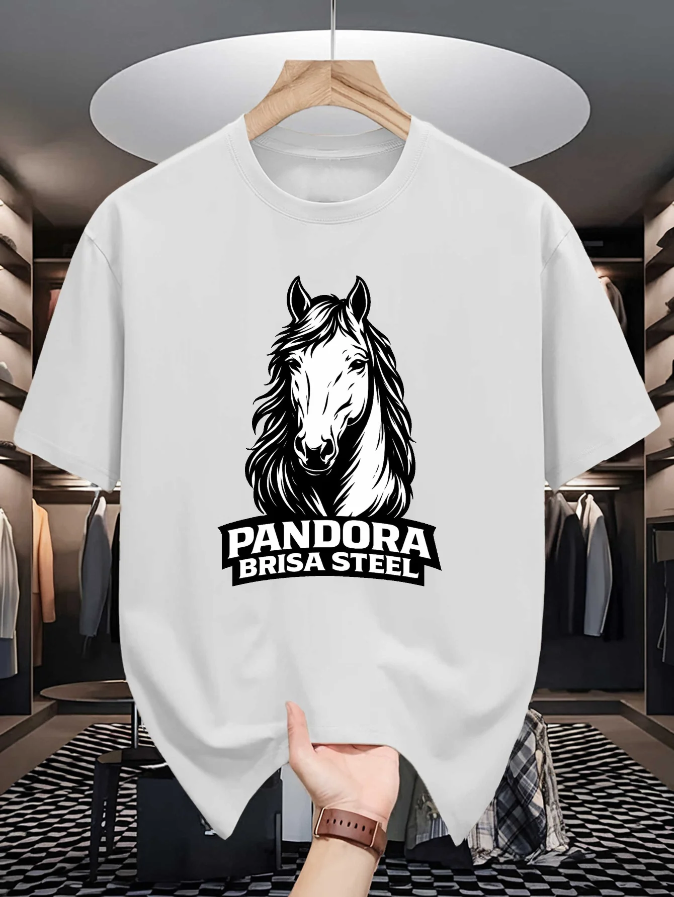 Mens Pandora Brisa Steel Horse Graphic Te Vintage Stallion Print O Neck Short Sleeve Cotton Top Retro Casual Street Wear For Men