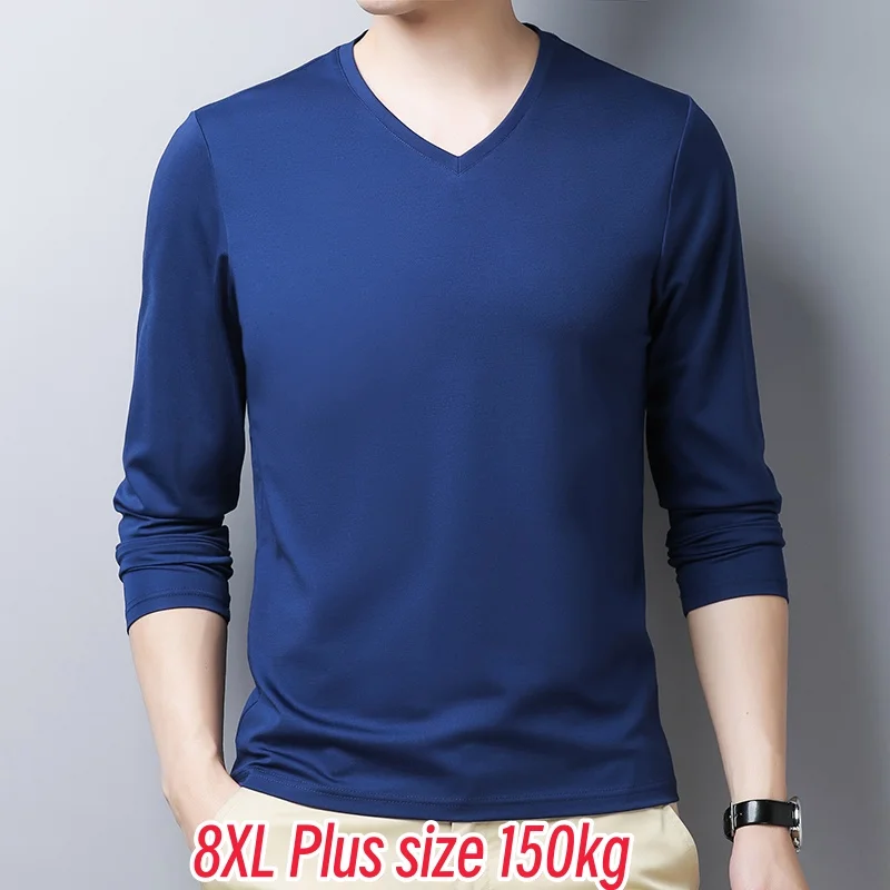 8XL Large Size Cotton Tops Men 2025 Spring Casual V-Neck Solid Plus Size Tees Fat Man Long Sleeve Clothing  Oversize Tee Shirts