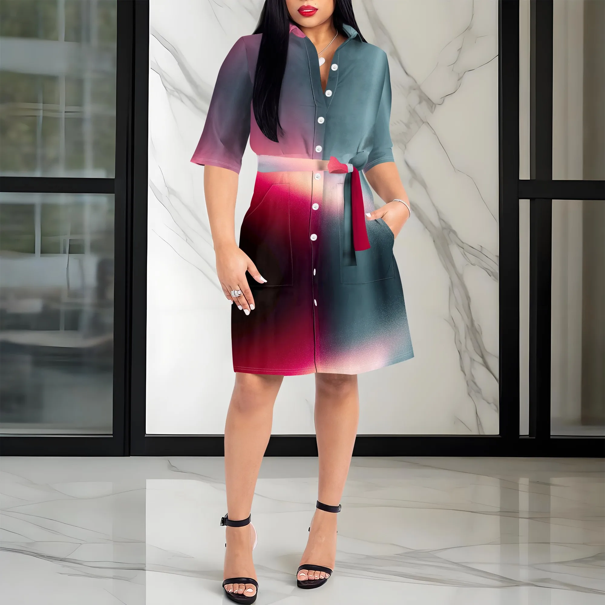 

Women's Gradient Color Shirt Dress - Collared Short Sleeve Belted - Chic Casual & Office Wear