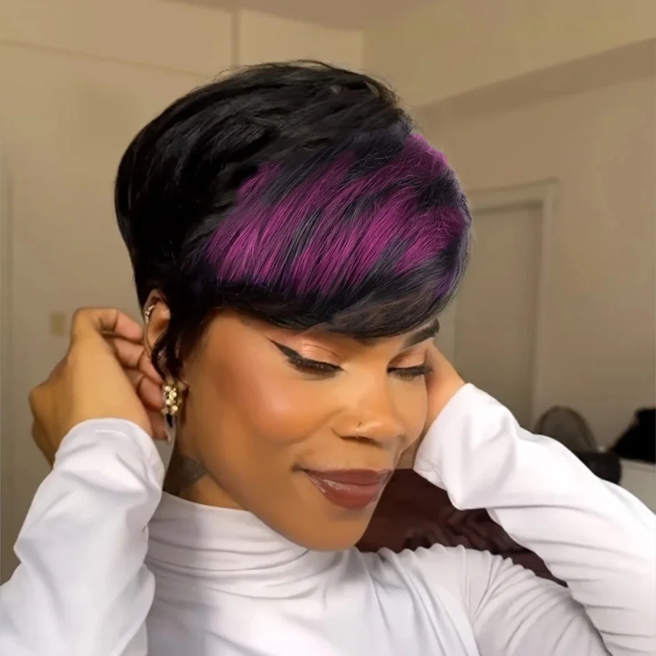 Rambut Manusia Lurus Warna Ungu 1b/Purple, Wig Pixie Pendek Berlapis-lapis Buatan Mesin dengan Poni