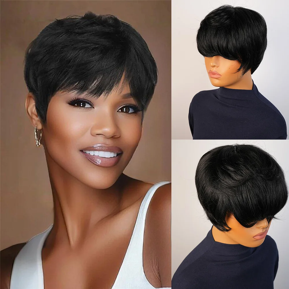 Krótkie, proste peruki z ludzkich włosów, fryzura pixie, brazylijskie włosy, 100% ludzkie włosy, peruki z grzywką, wykonane maszynowo, wstępnie wyregulowane, gotowe do założenia.