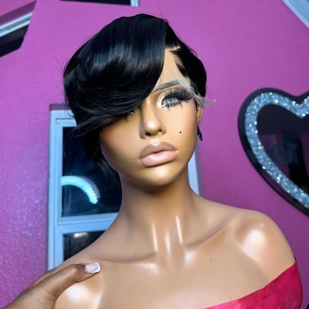 Slide Pixie Cut Perücken aus Echthaar 13x4 Lace Front Perücken Kurze Bob-Perücke Brasilianisches Glattes HD Lace Frontal Echthaar-Perücke 200 Dichte – Detail 5