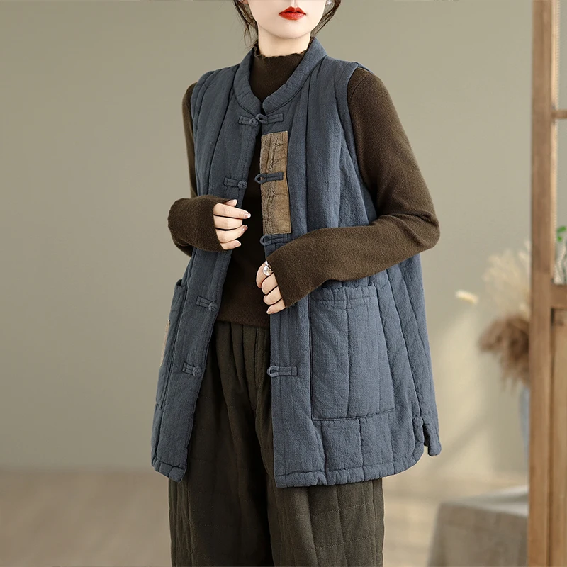 Chaleco de lino y algodón Thiened Color puro suelto calidez mujer Otoño Invierno Color Zen Sle nueva llegada