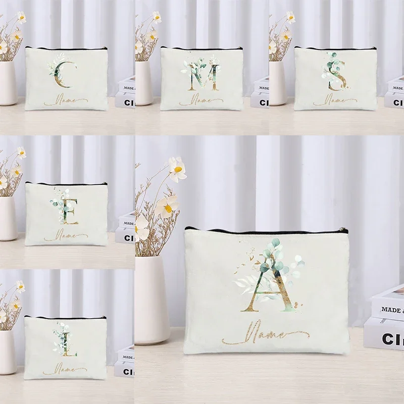 26 letters Flowers Custom Name Printed Makeup Bag Bridesmaid Wedding Makeup Box Gift Organizer Travel perfume Toilet Side Bag