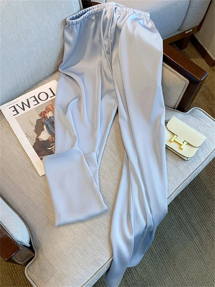 Blue Silk Charmeuse Loose Casual Pants Draped Lightweight Summer Fren Pants Straightleggings Belted Loose Fit