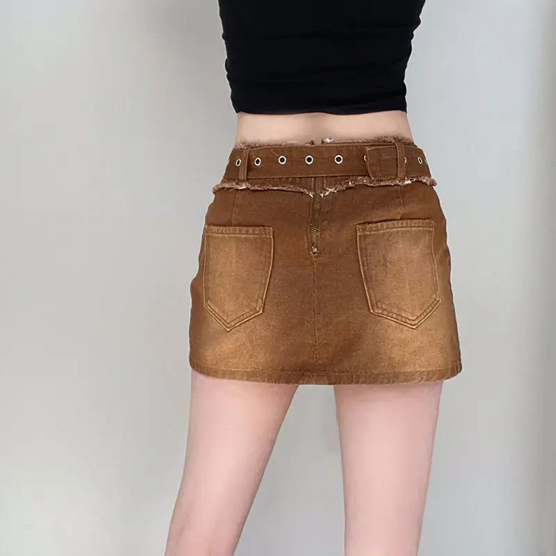 Mini saia jeans feminina, multi bolsos, streetwear de cintura alta, saia curta para cobrir bumbum, saia feminina americana angustiada, quente