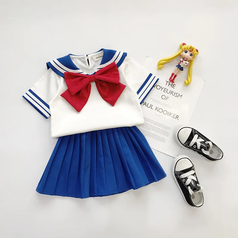 

Girl Sets Summer New Children's Short Sleeved Top+pleated Skirt+bow Cartoon Campus Kindergarten Performance Uniform Kids Suits