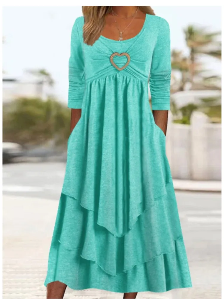 

Elegant Multi Layers Splicing Cake Hem Dress Women's Autumn High Waist Long Sleeve Dressy Female Love Heart Decoration Vestidos