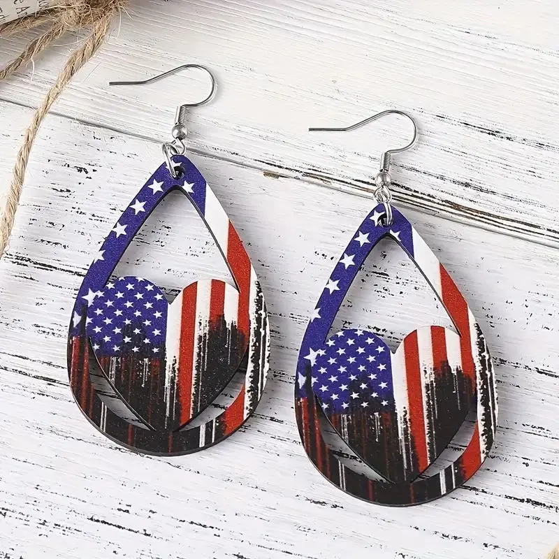 American Independence Day Jewelry Red White Blue Striped Star Colorful Water Drop Shape Heart Hollow Dangle Earrings Female Gift