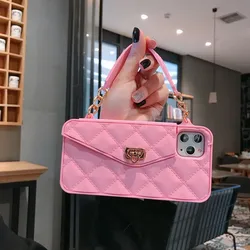Fashion Portable Hand Chain Card Slot Holder Soft Silicone Case For iPhone 16 15 14 13 12 11 Pro Max Plus Lady Shockproof Cover