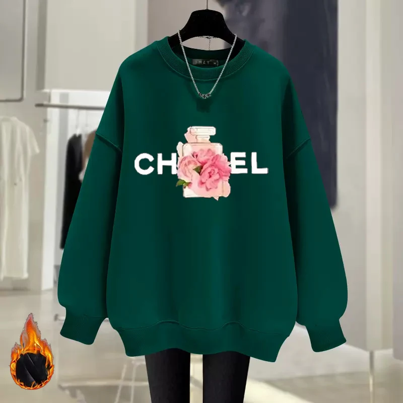 2024 New Spring Autumn and Winter Luxury Brand Printing Fashion Loose Round Neck Pullover Sweater Women's Velvet Thicker